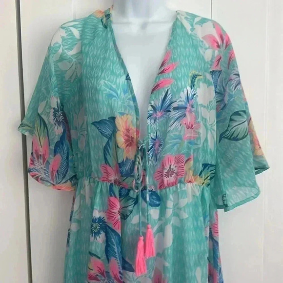 AMERICA & BEYOND Tropical Sheer Cover Up Maxi Dress Kaftan - Picture 2 of 8